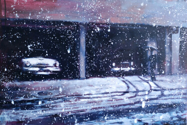 Painting titled "First snow. NY1959." by Igor Shulman, Original Artwork, Oil Mounted on Wood Stretcher frame