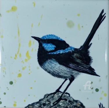 Schilderij getiteld "Blue Wren" door Venessa Lagrand, Origineel Kunstwerk, pigmenten Gemonteerd op Houten paneel