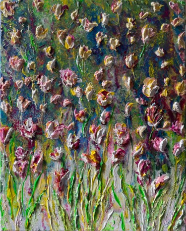 Magenta Tulips Painting titled "Magenta Tulips" by Natalia Kutova, Original Artwork, Acrylic Mounted on Wood Stretcher frame