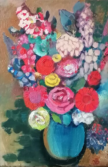 Peinture intitulée "Bouquet de fleurs à…" par Valérie Blum (Valery), Œuvre d'art originale, Huile