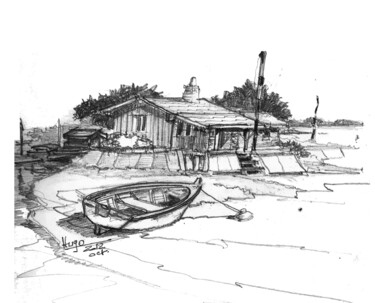 图画 标题为“Cap ferret la caban…” 由Hugues Bret, 原创艺术品, 铅笔