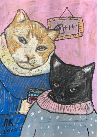 Disegno intitolato "Drinking cats" da Pavel Kuragin, Opera d'arte originale, Pastello