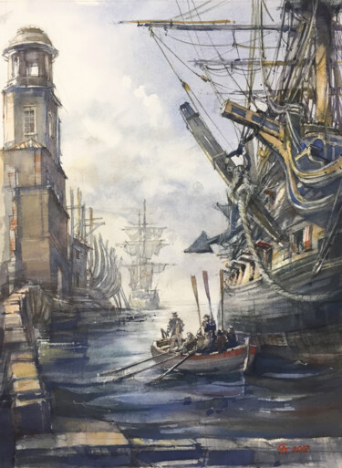 Scene in port Peinture intitulée "Scene in port" par Andrei Svistunov, Œuvre d'art originale, Aquarelle
