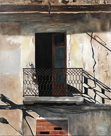 Ζωγραφική με τίτλο "Dog on Balcony" από Mats Pehrson, Αυθεντικά έργα τέχνης, Λάδι Τοποθετήθηκε στο Ξύλινο φορείο σκελετό