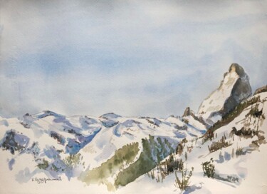Painting titled "View of the Matterh…" by Krystyna Szczepanowski, Original Artwork, Watercolor