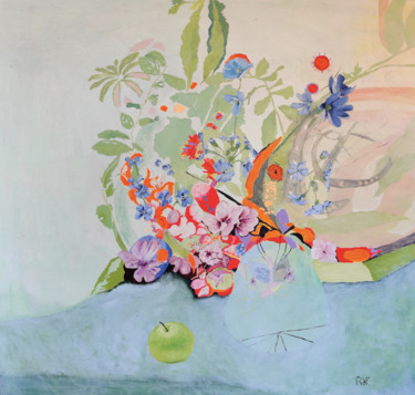 Floral abstract with a small bowl of water Peinture intitulée "Floral abstract wit…" par Rebecca De Figueiredo, Œuvre d'art originale, Huile Monté sur Châssis en bois