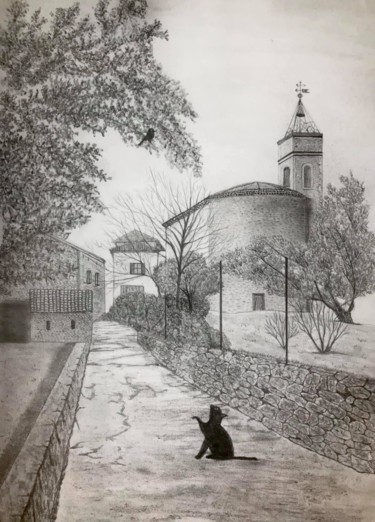 Drawing titled "Le chat et l oiseau" by Sandrine Piegay, Original Artwork, Graphite