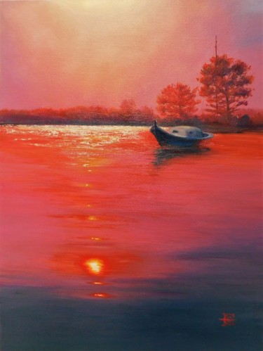Coucher du soleil. La Pinasse Peinture intitulée "Coucher du soleil.…" par Elena Cotté, Œuvre d'art originale, Huile Monté sur Châssis en bois