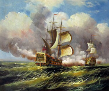 绘画 标题为“Naval battle 003” 由Lermay Chang, 原创艺术品, 油 安装在木质担架架上