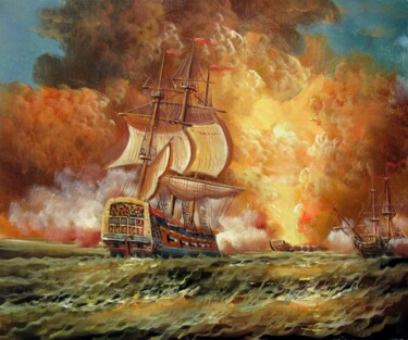 绘画 标题为“Naval battle 006” 由Lermay Chang, 原创艺术品, 油 安装在木质担架架上