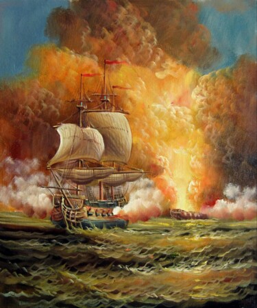 绘画 标题为“Naval battle 007” 由Lermay Chang, 原创艺术品, 油 安装在木质担架架上