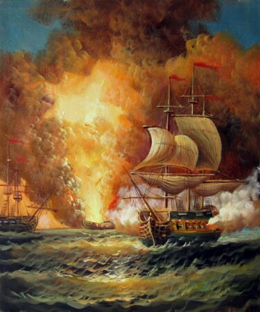 绘画 标题为“Naval battle 009” 由Lermay Chang, 原创艺术品, 油 安装在木质担架架上