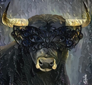 Taureau masqué - Bull, mix media on panel - 70 x 65 cm