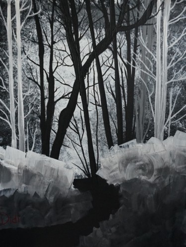 Peinture intitulée "Forêt Givrée (N:B)" par Adrien C., Œuvre d'art originale, Gouache