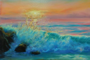 Painting titled "Vague: "Splash doré…" by Elena Cotté, Original Artwork, Oil Mounted on Wood Stretcher frame