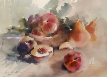 Peinture intitulée "Pêches poire 2020" par Sylvie Vernageau, Œuvre d'art originale, Aquarelle