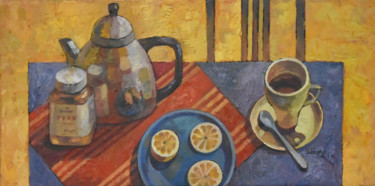 绘画 标题为“Teapot&Lemon” 由Yulduskhon, 原创艺术品, 油 安装在木质担架架上