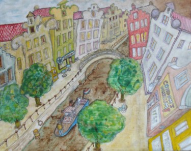 Les maisons qui dansent au bord du canal Peinture intitulée "Les maisons qui dan…" par Gerrit Gerard Visser, Œuvre d'art originale, Acrylique