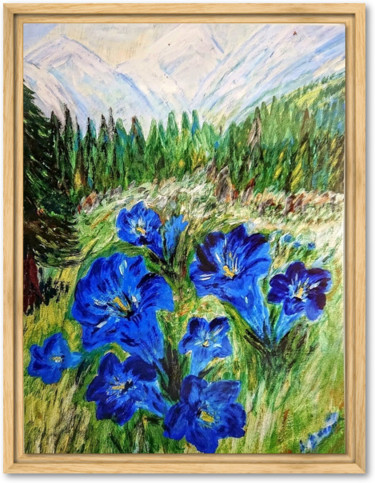 Peinture intitulée "Peinture, Gentianes" par Pierre-André Doriot, Œuvre d'art originale, Gouache Monté sur Métal