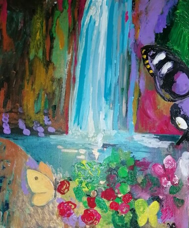 Peinture intitulée "Cascade aux papillo…" par Valérie Blum (Valery), Œuvre d'art originale, Acrylique Monté sur Châssis en b…