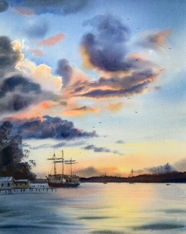Anchored Sailing Ship Pittura intitolato "Anchored Sailing Sh…" da Eugenia Gorbacheva, Opera d'arte originale, Acquarello