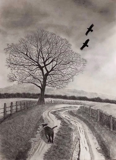 Drawing titled "Au détour d un chem…" by Sandrine Piegay, Original Artwork, Graphite