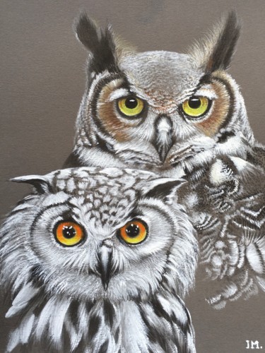 Painting titled "Hiboux" by Isabelle Molinard, Original Artwork, Acrylic