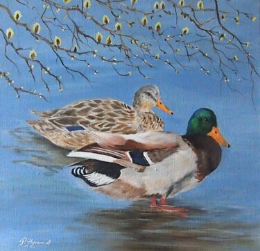 couple de canards colvert - acrylique sur toile signée Painting titled "couple de canards c…" by Patricia Giroldini Hyvernat, Original Artwork, Acrylic