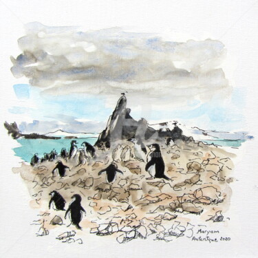Peinture intitulée "(1) Manchots à jugu…" par Anne-Marie Mary, Œuvre d'art originale, Aquarelle