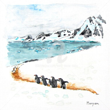 Peinture intitulée "(4)Manchots papous…" par Anne-Marie Mary, Œuvre d'art originale, Aquarelle Monté sur Autre panneau rigide