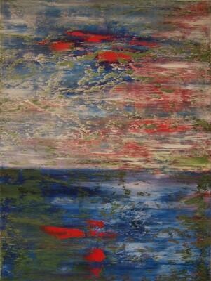 Painting titled "Red Pleasure Sunset" by Scott Spencer, Original Artwork, Oil Mounted on Wood Stretcher frame
