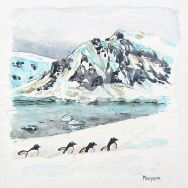 Peinture intitulée "(7)Manchots papous…" par Anne-Marie Mary, Œuvre d'art originale, Aquarelle Monté sur Autre panneau rigide