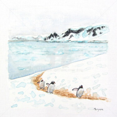 Peinture intitulée "(9) Manchots papous…" par Anne-Marie Mary, Œuvre d'art originale, Aquarelle Monté sur Autre panneau rigi…