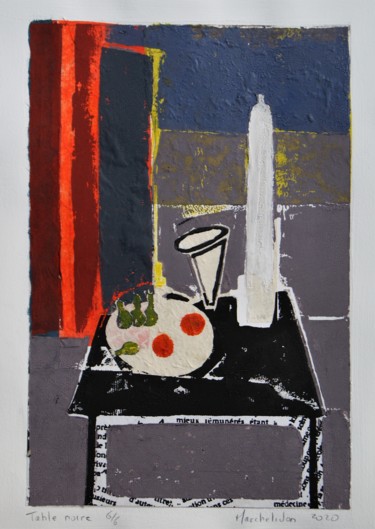 印花与版画 标题为“Table noire 6/6” 由Hervé Marchelidon, 原创艺术品, Linocuts