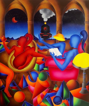 Painting titled "The Train" by Kino Mistral, Original Artwork, Oil