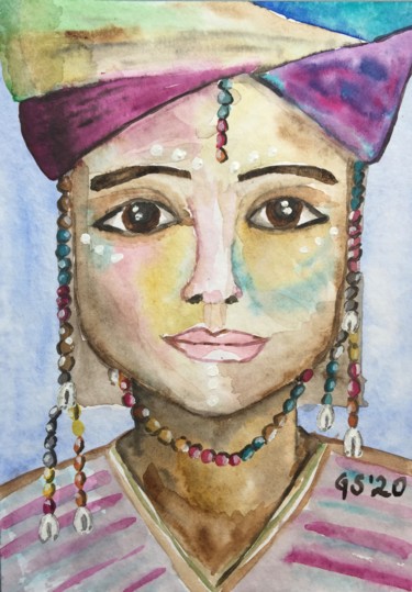 Malerei mit dem Titel "Ethno girl" von Gudrun Sageder, Original-Kunstwerk, Aquarell