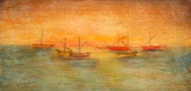 Voiles latines sur l'étang de Thau. Peinture intitulée "Voiles latines sur…" par Jean Xavier Combe, Œuvre d'art originale, Huile Monté sur Châssis en bois