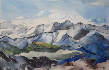 Collages titled "grand massif bleu" by Raymond Guibert, Original Artwork, Acrylic Mounted on Wood Stretcher frame