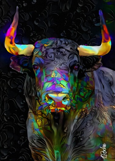 Toro néon - Bull, mix media on panel - 70 x 50 cm