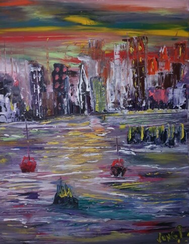 Peinture intitulée "boats  on waiting a…" par Pascal Jung, Œuvre d'art originale, Huile