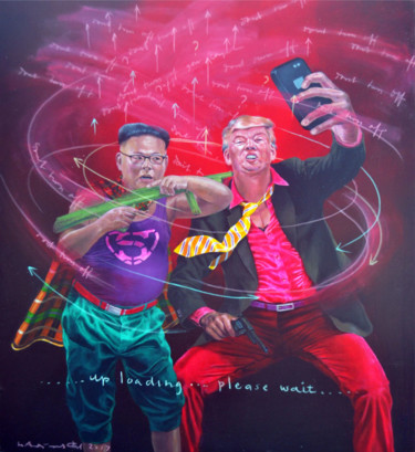 Peinture intitulée "Kim Jong-Trump" par Hadi Masoed, Œuvre d'art originale, Acrylique