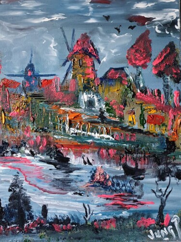 Peinture intitulée "Le moulin paisible" par Pascal Jung, Œuvre d'art originale, Huile