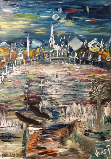 Peinture intitulée "a village by night" par Pascal Jung, Œuvre d'art originale, Huile