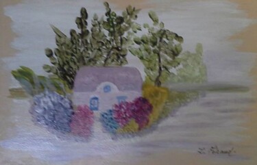 Dessous de plat peinture sur céramique Les hortensias Design intitulée "Dessous de plat pei…" par Florence Féraud-Aiglin, Œuvre d'art originale, Art de la table