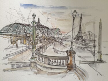 Dessin intitulée "Promenade Parisienne" par Hartiste, Œuvre d'art originale, Aquarelle