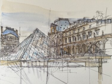 Dessin intitulée "Pyramide du Louvre" par Hartiste, Œuvre d'art originale, Aquarelle