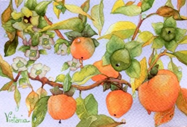 Dessin intitulée "Kakis" par Victoria, Œuvre d'art originale, Aquarelle