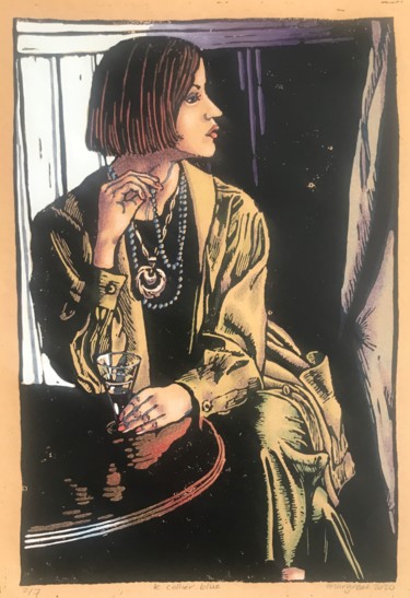 Le Collier blue Druckgrafik mit dem Titel "Le Collier blue" von Margreet Duijneveld, Original-Kunstwerk, Linoldrucke