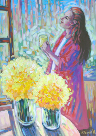 Painting titled "The first cup of co…" by Rita Pranca, Original Artwork, Acrylic