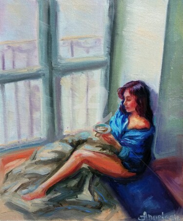 Original Painting Beautiful Woman Cup Of Coffee Window Sunsh Peinture intitulée "Original Painting B…" par Anastasia Akunina, Œuvre d'art originale, Huile